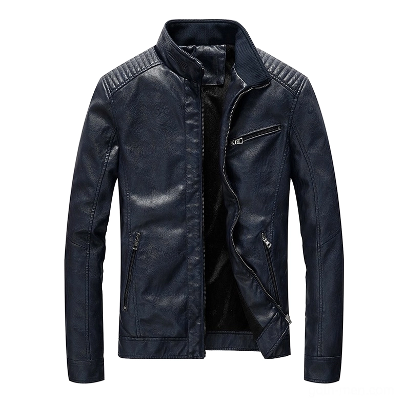 Navy blue stand collar PU leather motorcycle jacket flat lay front open view, featuring zippered pockets and quilted shoulder details