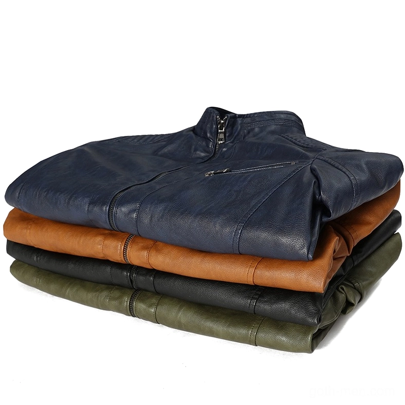 Multiple stacked PU leather motorcycle jackets in four colors (navy, tan, black, army green), top-down view, available sizes and color options