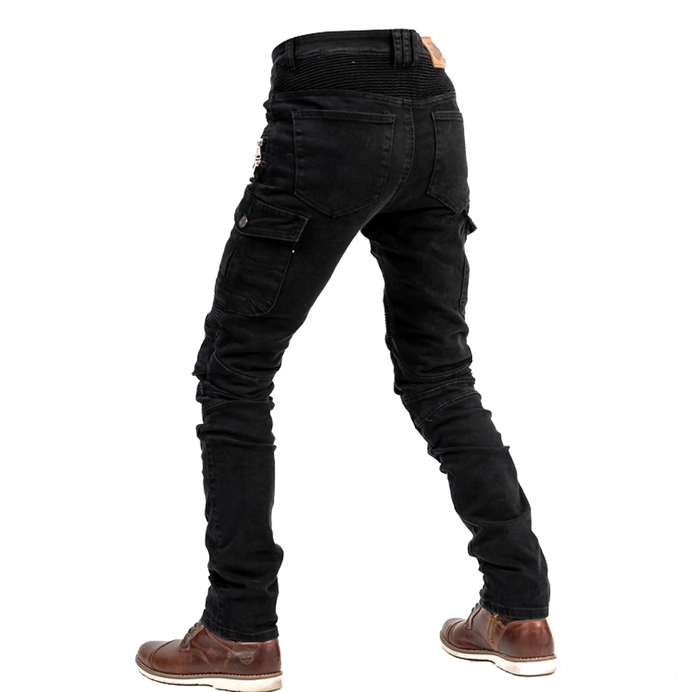 Black biker tactical trousers rear view with ribbed waistband and rear cargo pockets