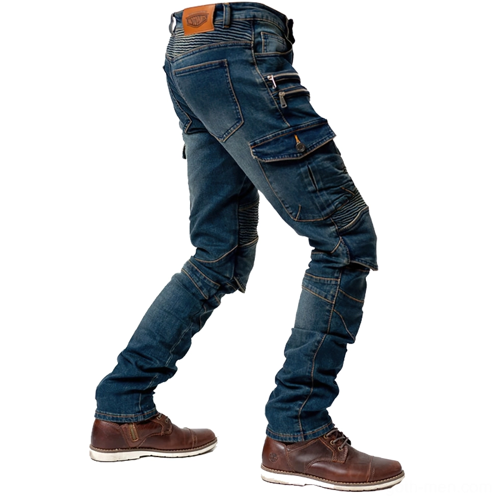 Blue wash gothic motorcycle pants pocket detail with durable zipper closure and reinforcement