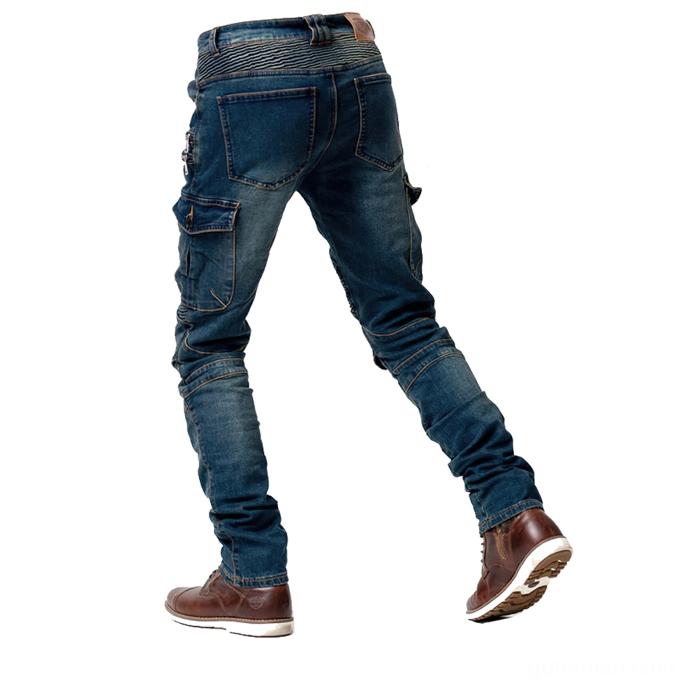 Blue wash biker tactical trousers side rear view with cargo pocket and knee articulation