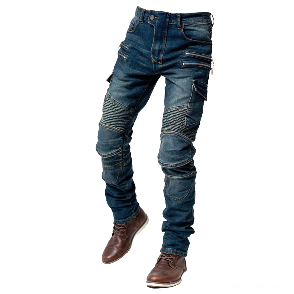 Slim-fit gothic motorcycle tactical trousers front detail highlighting zipper pockets and pleats