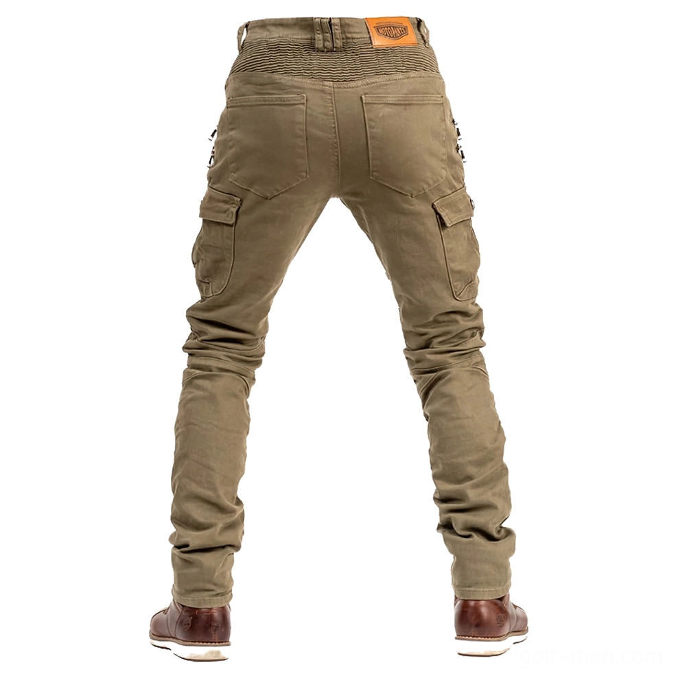 Khaki motorcycle tactical trousers rear view with branded tag and cargo side pockets