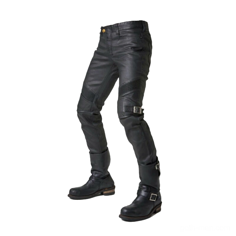 Gothic cargo motorcycle pants left side profile - showing adjustable strap details and motorcycle riding boot styling