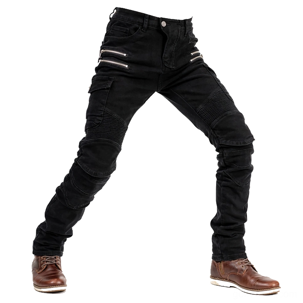 Gothic motorcycle cargo pants detail view showing zipper construction and fabric quality