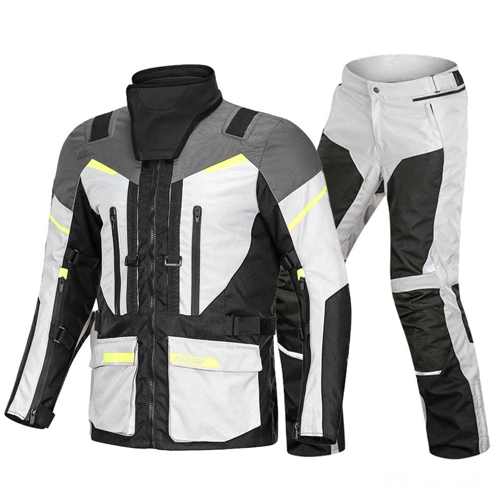 Complete gothic motorcycle suit matching jacket and pants flat lay display with detachable neck warmer