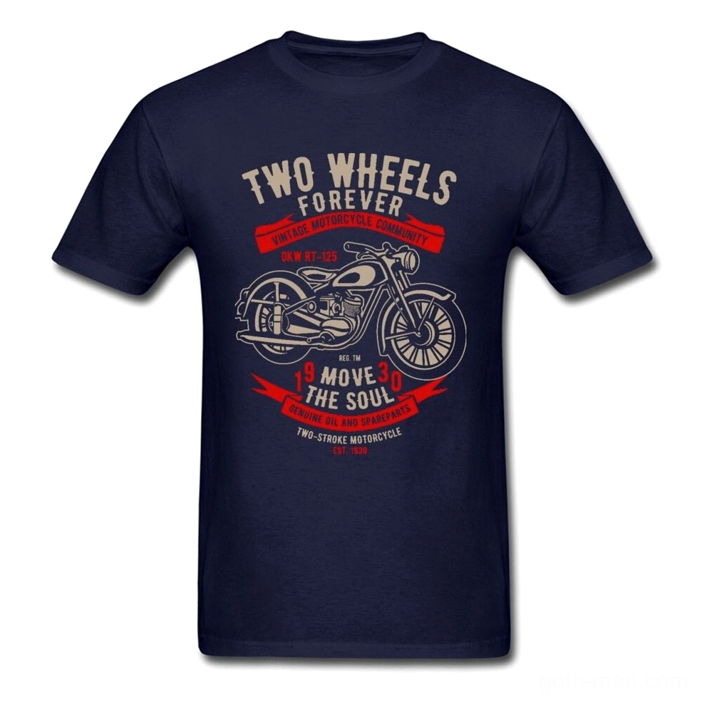 Navy Blue Gothic Motorcycle T-Shirt with Vintage Biker Slogan - Flat Lay Front View, Premium Cotton