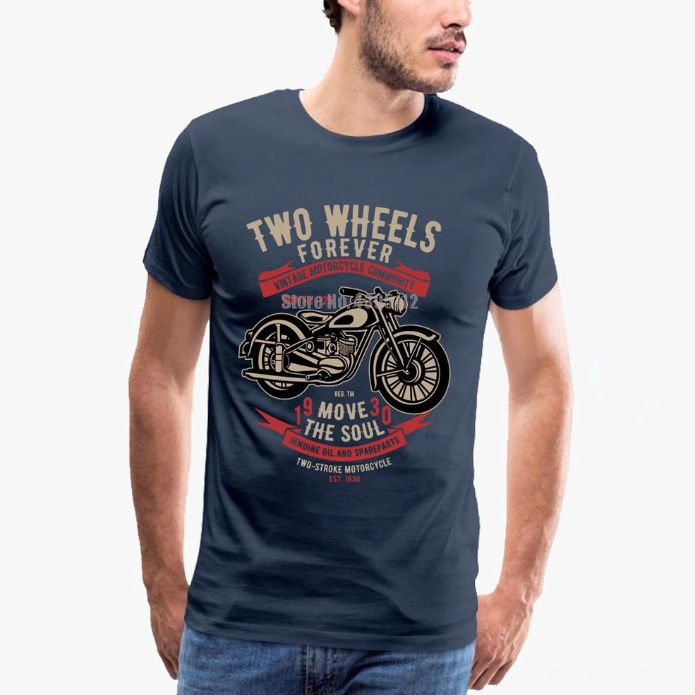Men's Gothic Motorcycle T-Shirt Dark Slate Blue - Vintage Biker Aesthetic, Crew Neck Front Model