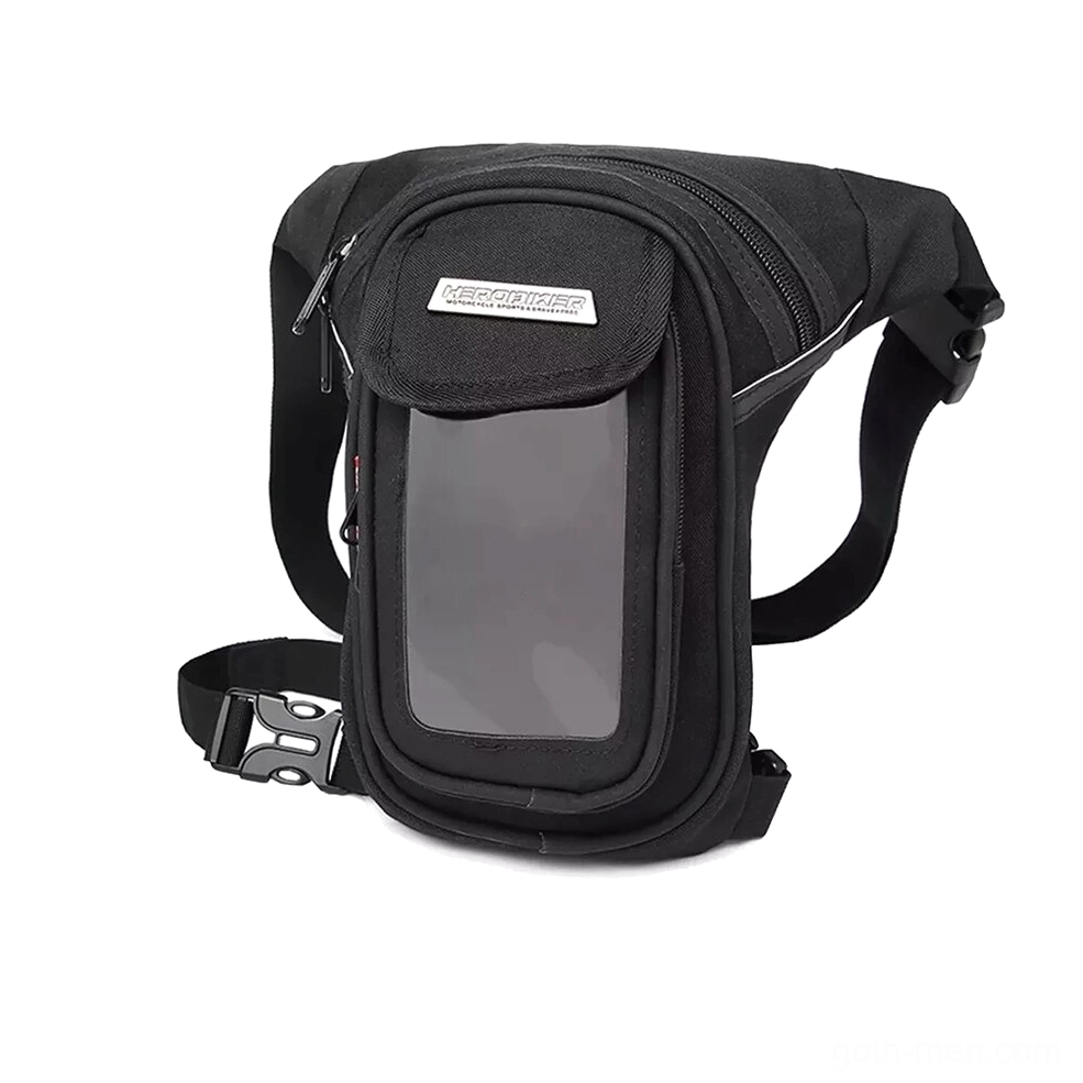 Black waterproof gothic waist leg bag with industrial-style accents, equipped with zippered pockets and metal hardware