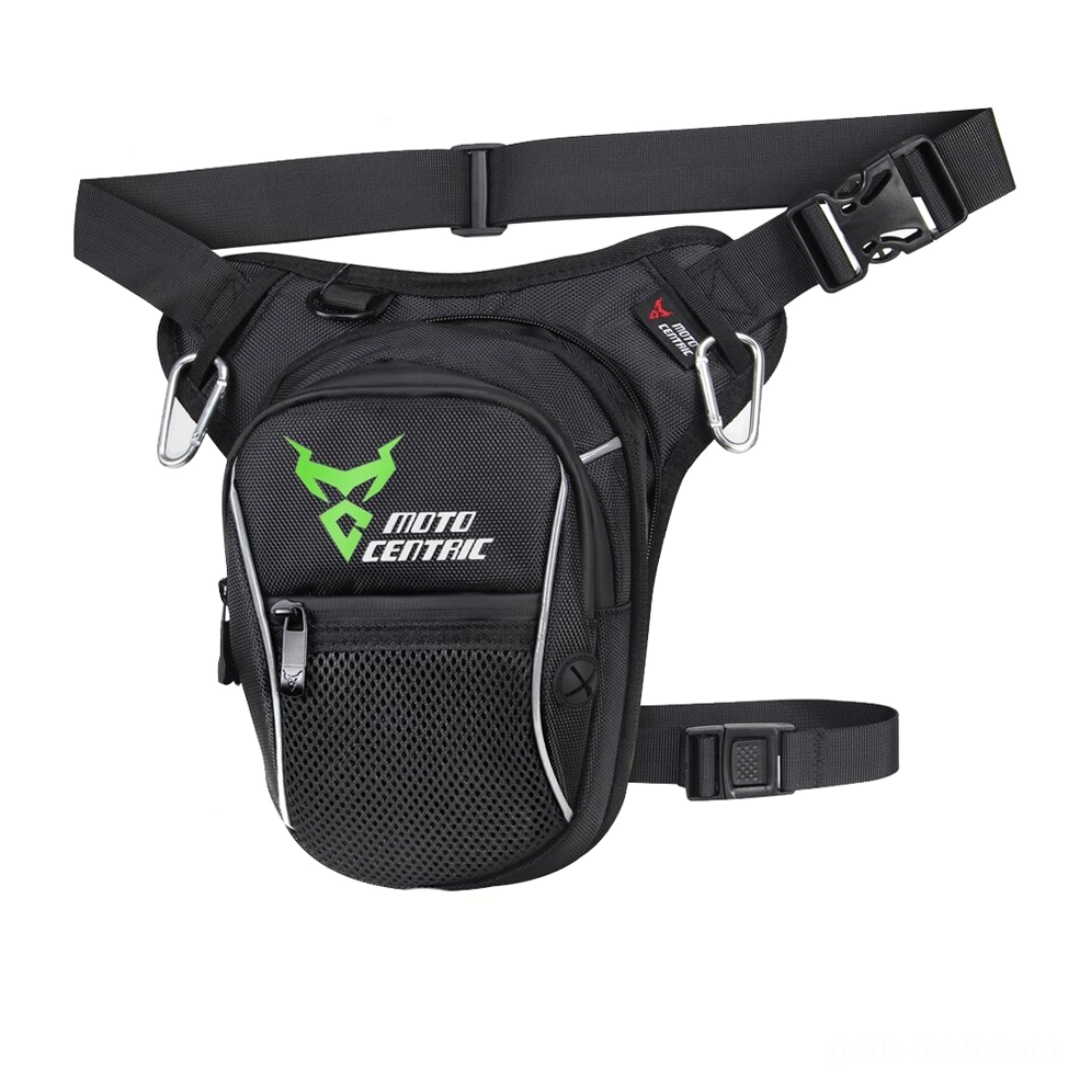 Industrial gothic leg bag in black with green Moto Centric branding, featuring mesh pocket and adjustable securing straps