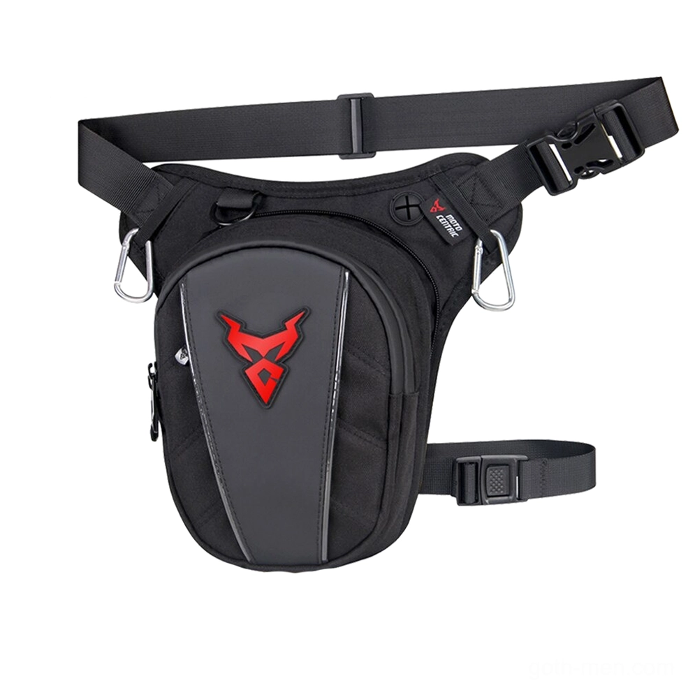 Cyberpunk-inspired gothic thigh bag in black with red devil logo, smooth front fabric and metal attachment clips