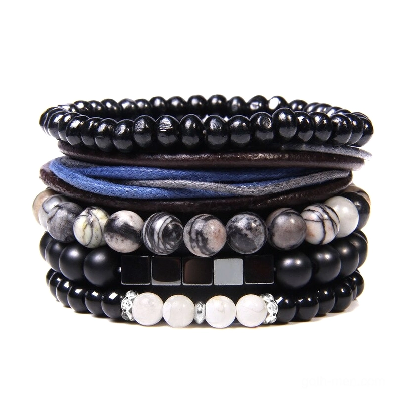 Dark mystique multi-layer gothic bracelet set featuring natural stone beads with rhinestone spacers and vintage leather braiding, handmade design perfect for alternative fashion and goth styling