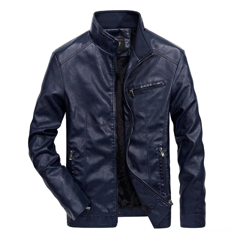 Men's navy blue gothic leather moto jacket with stand collar, fuzzy polyester lining, and multiple zipper pockets