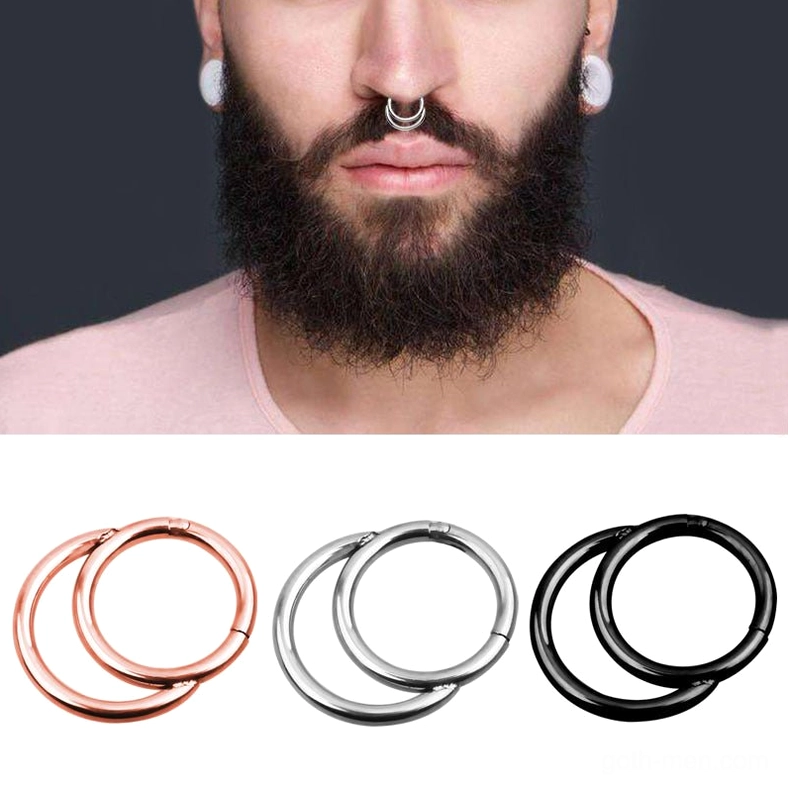 Man wearing silver hinged nose clicker ring frontal view showing gothic style aesthetic and wearing effect