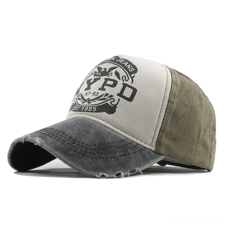 Black and gray distressed gothic 5-panel baseball cap with NYPD print, vintage snapback style with frayed brim
