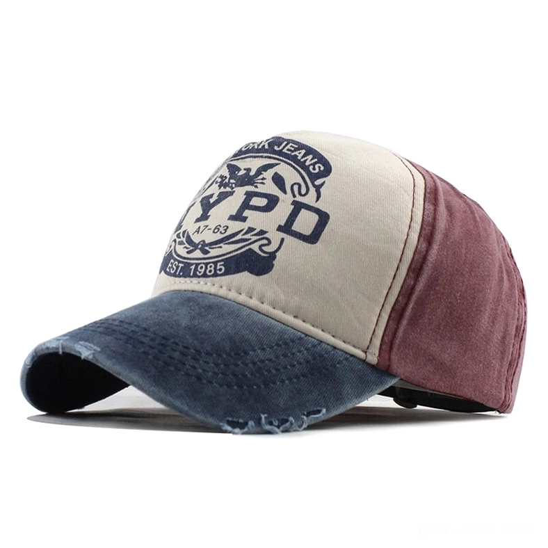 Burgundy navy and beige color-blocked gothic baseball cap with NYPD graphic, vintage washed cotton