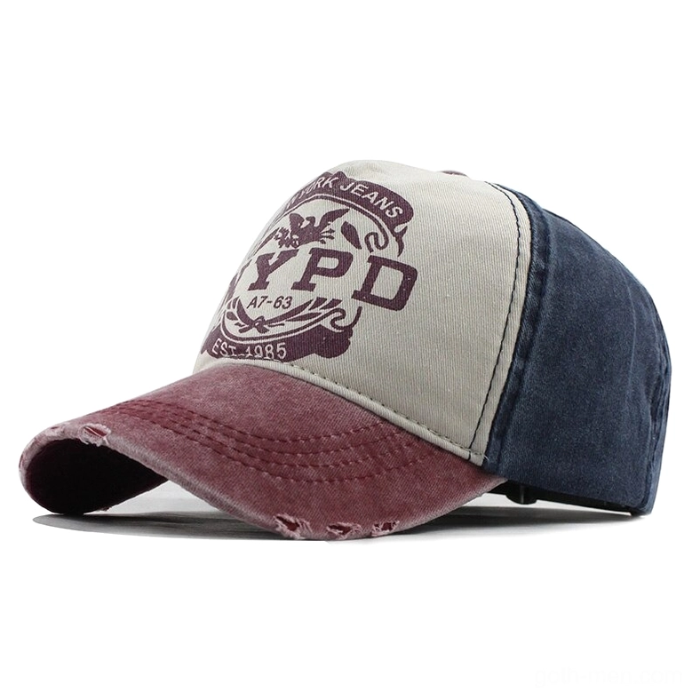 Dark blue burgundy beige gothic vintage snapback cap with distressed NYPD print and frayed brim