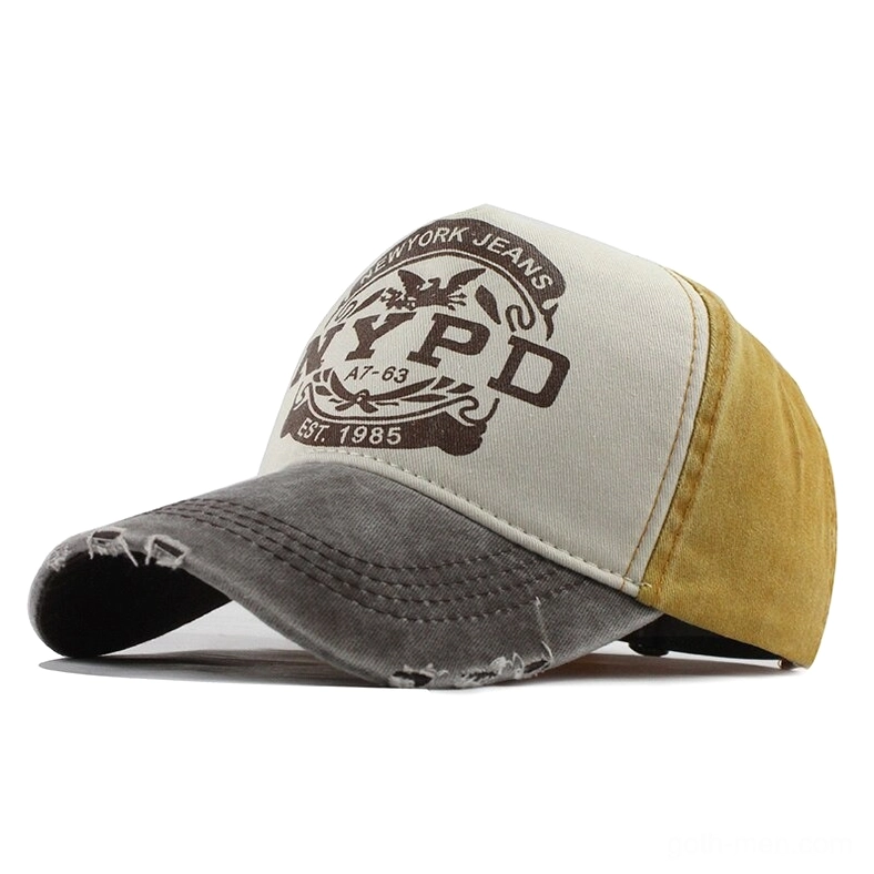 Yellow and gray distressed 5-panel baseball cap with NYPD print, industrial gothic color contrast