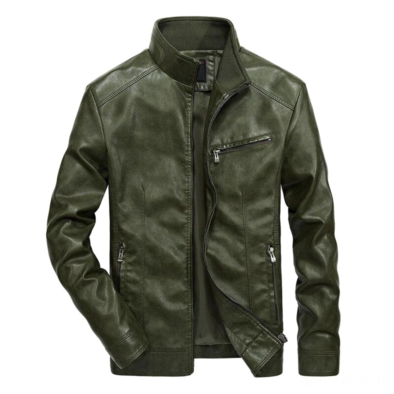 Men's olive green gothic leather biker jacket featuring stand collar and chest zipper pocket details