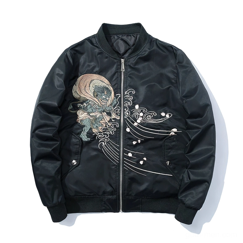Black oni demon embroidered bomber jacket front view - Japanese folklore-inspired gothic streetwear with satin finish