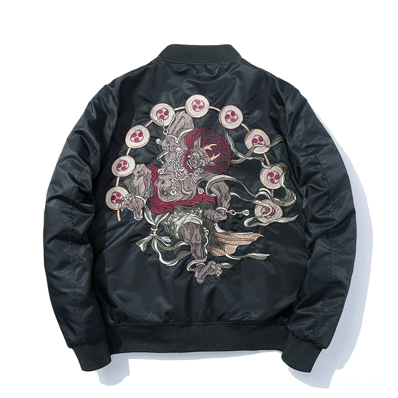 Oversized black bomber jacket rear view - large demon embroidery with traditional Japanese oni motif and ribbed knit trims