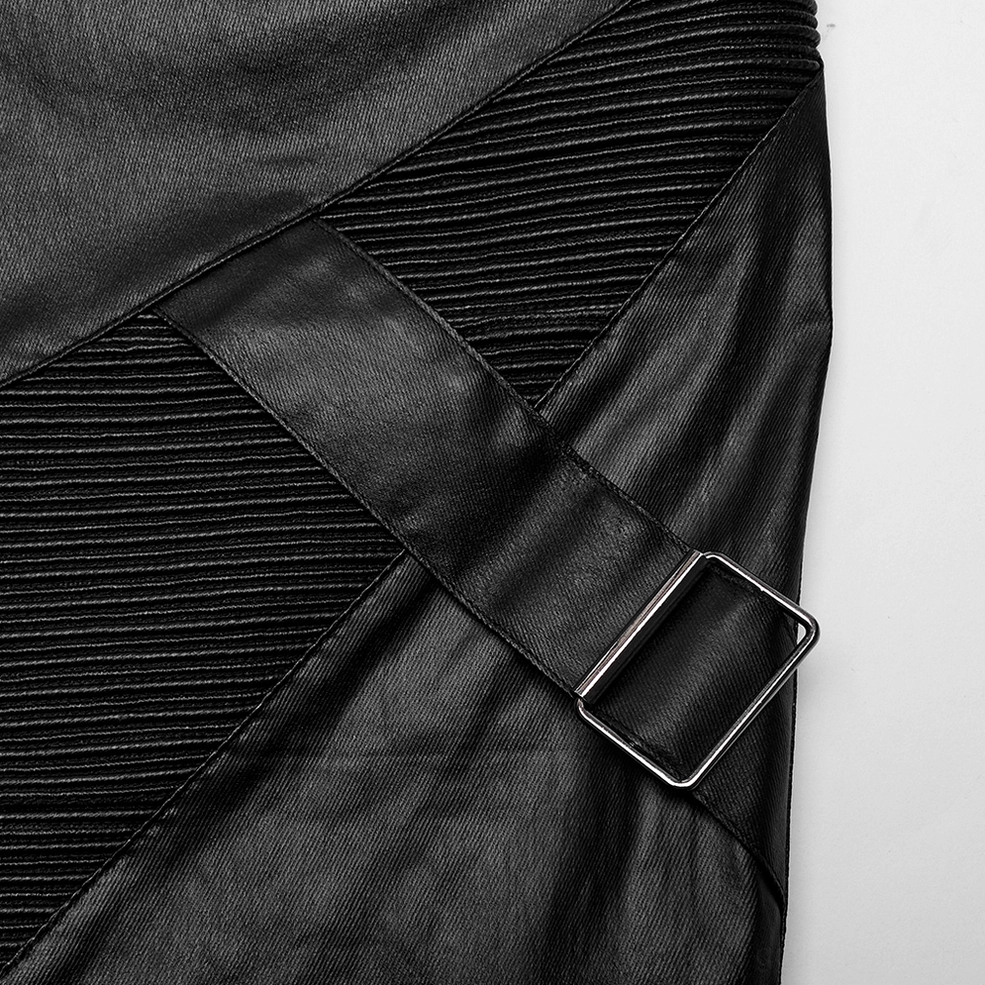 Close-up of gothic pants adjustable side strap with metal buckle and ribbed panel construction