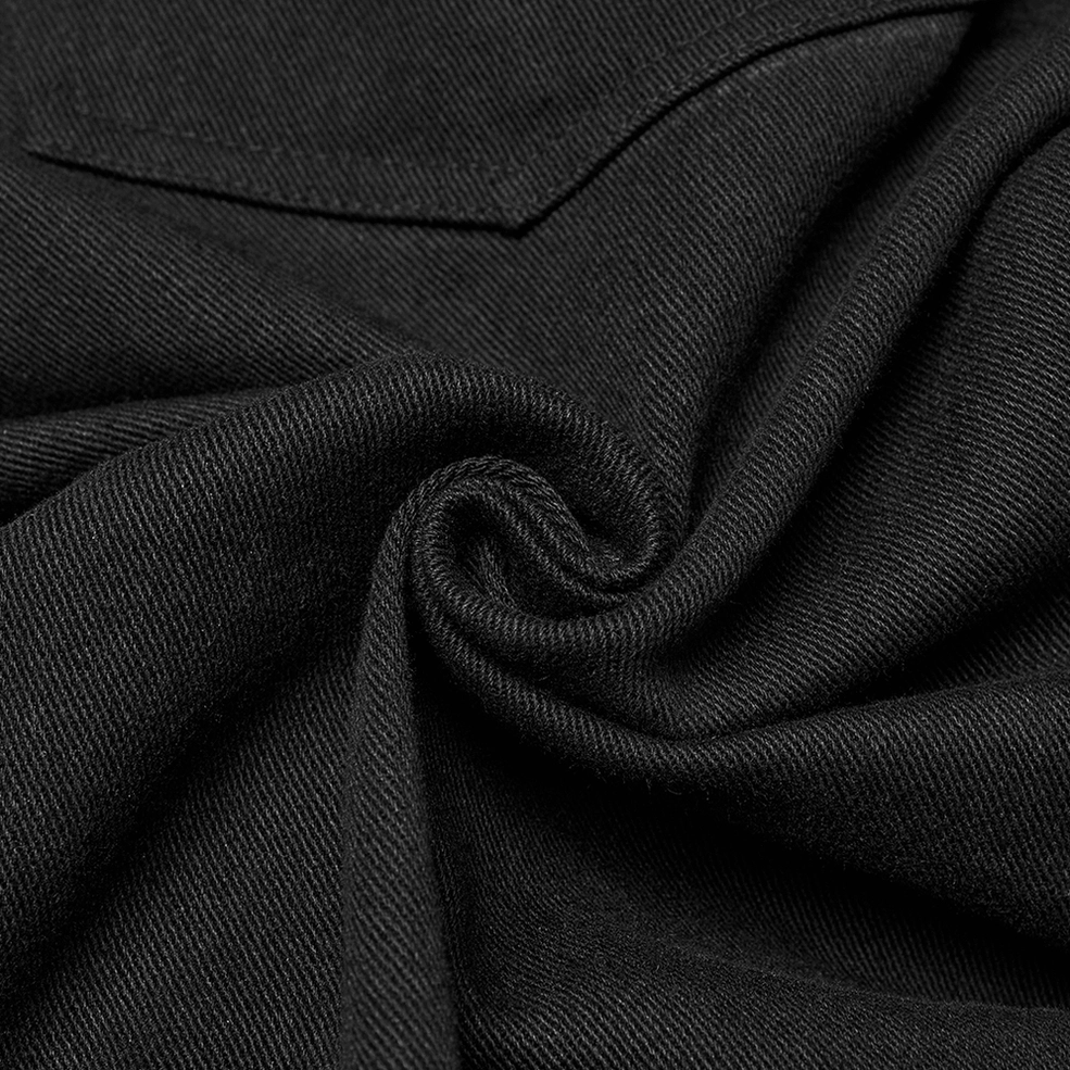 Additional detail shot of gothic black pants armor-style panel construction and tactical design elements