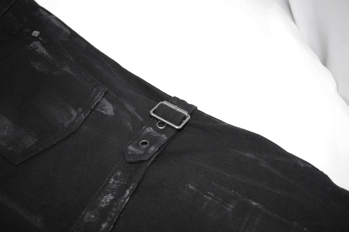 Detailed view of adjustable belt buckle fastener and side strap on black gothic slim trousers