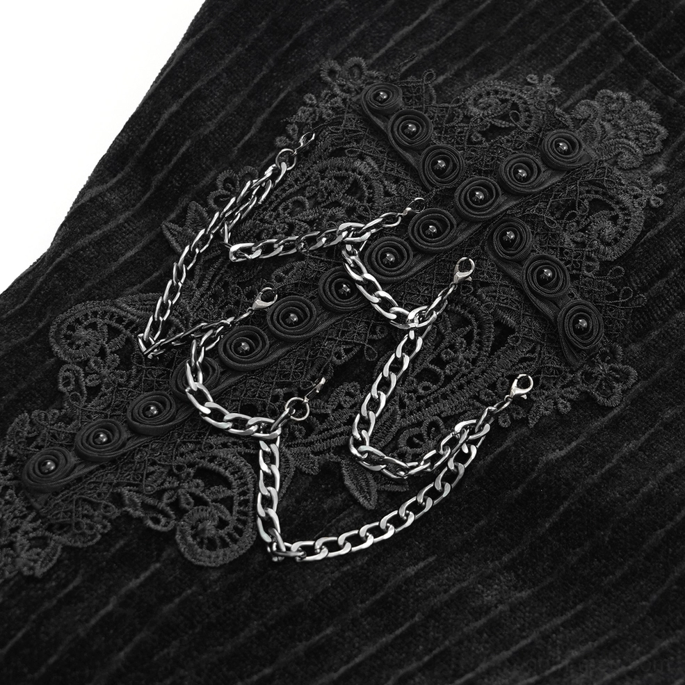 Black gothic slim fit pants pocket decoration detail - metal chains and embroidered lace applique close up