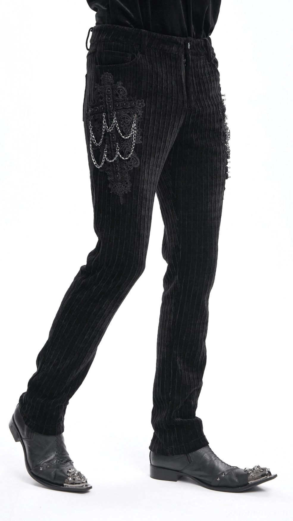 Black gothic slim fit pants construction detail - stitching and fabric texture close up