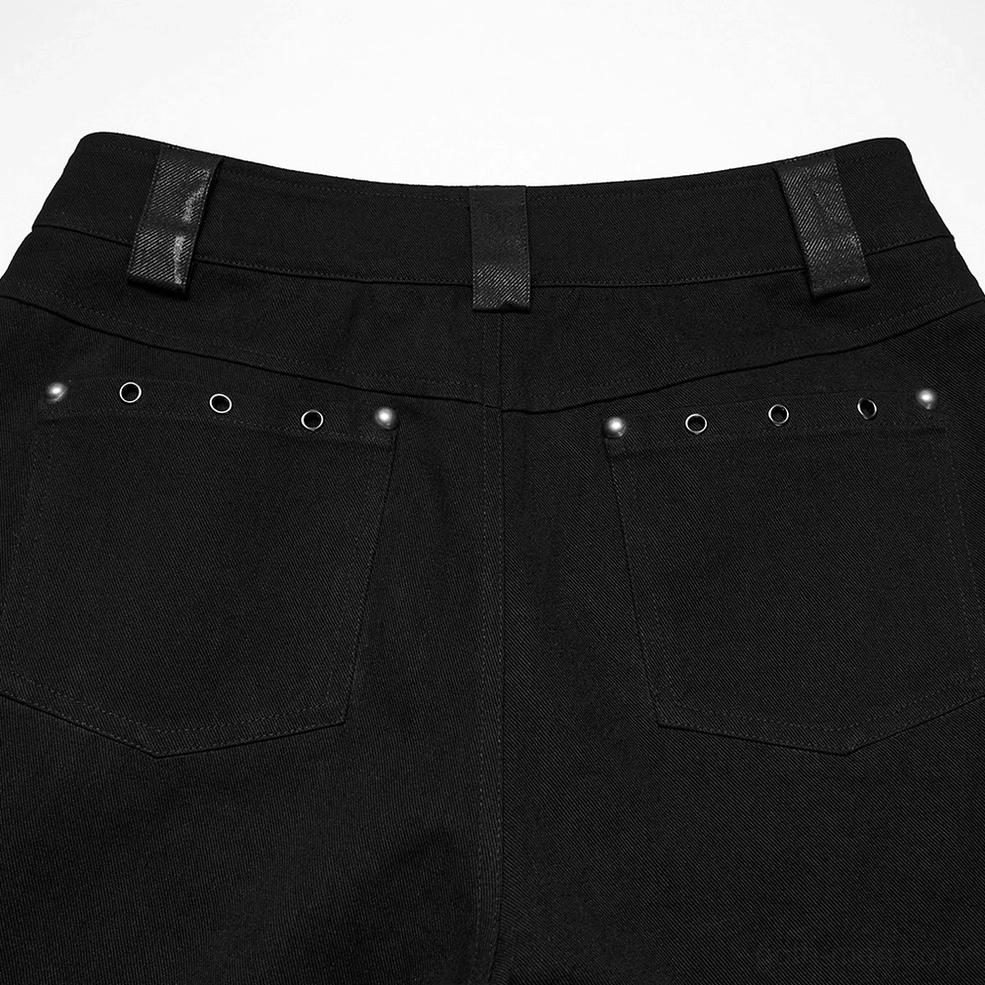 Black gothic tripp pants construction detail with eyelet fasteners and metal hardware