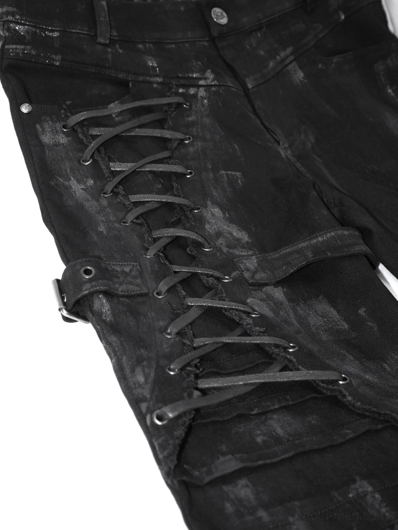 Close-up of fabric composition and weave on black slim-fit gothic trousers