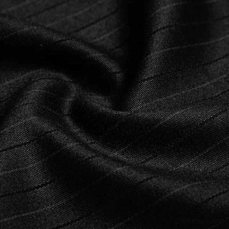 Fitted black striped gothic pants detail, waistband construction, triple button closure mechanism