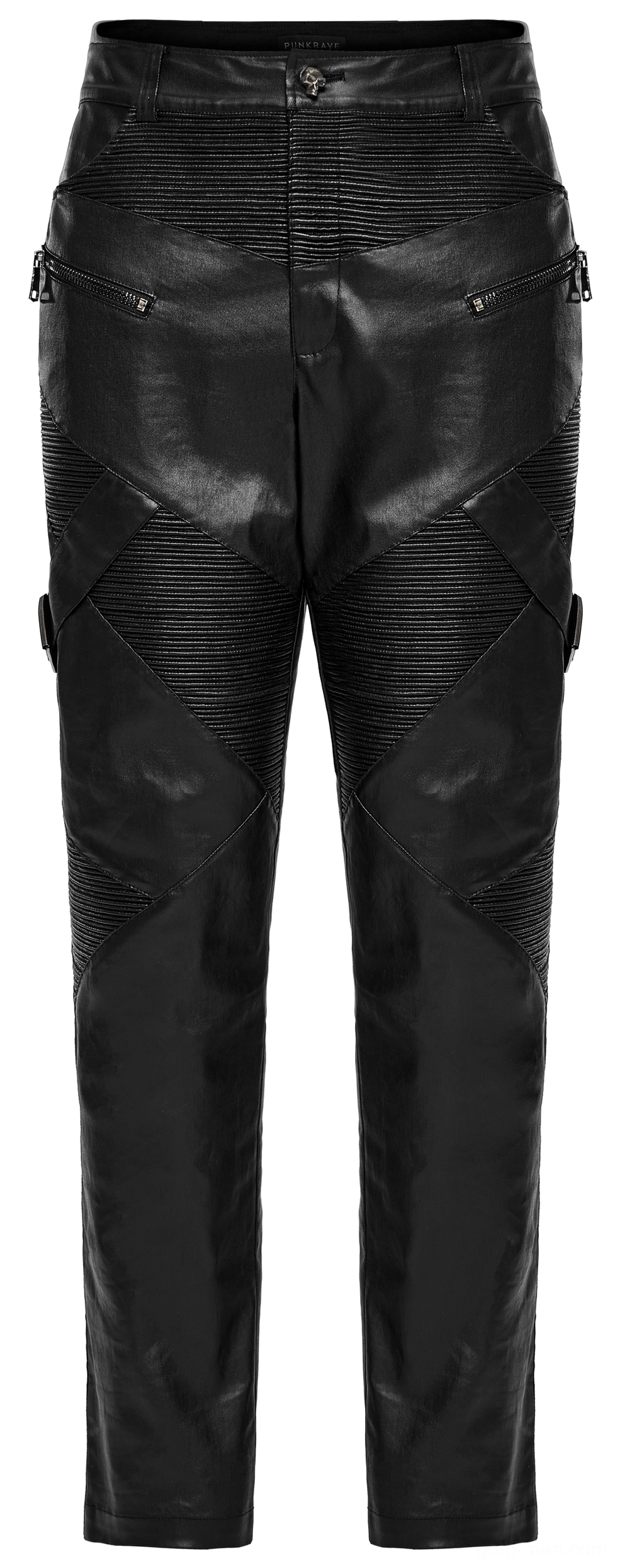 Flat lay back view of gothic leather pants showing high rise construction and straight cut leg design