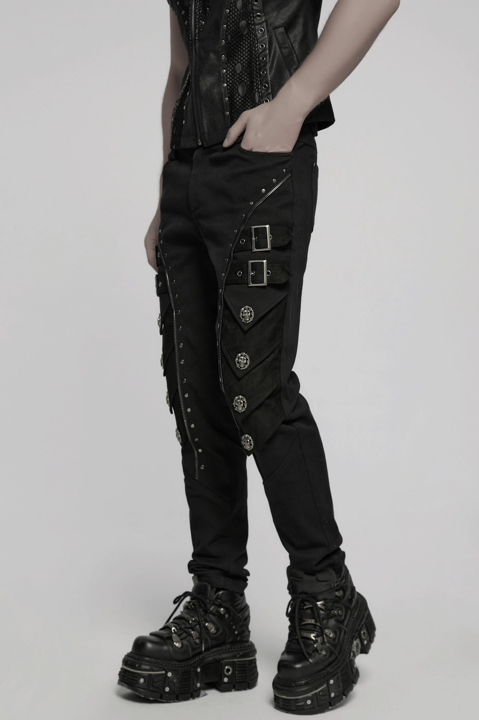 Gothic skull rivet black pants alternative fashion styling full length silhouette view