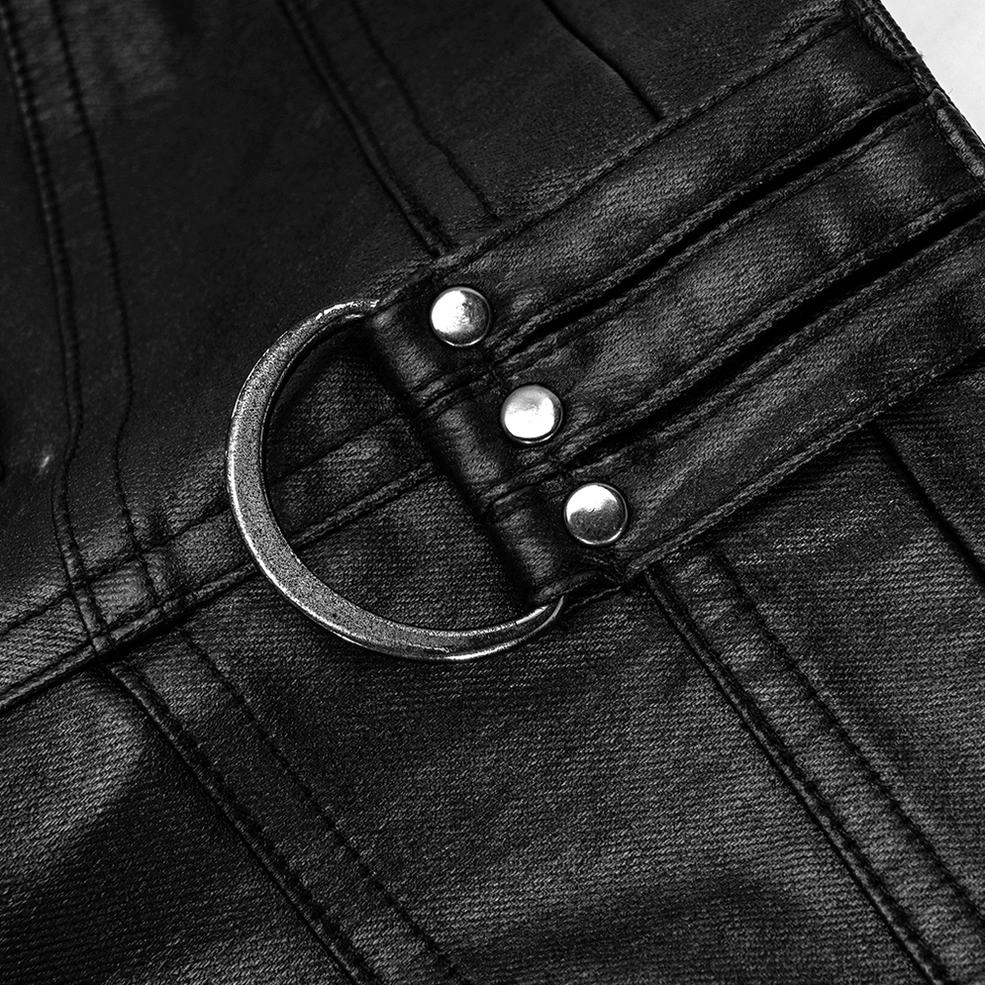 D-ring buckle hardware closeup on black faux leather gothic pants with metal rivets and matte finish