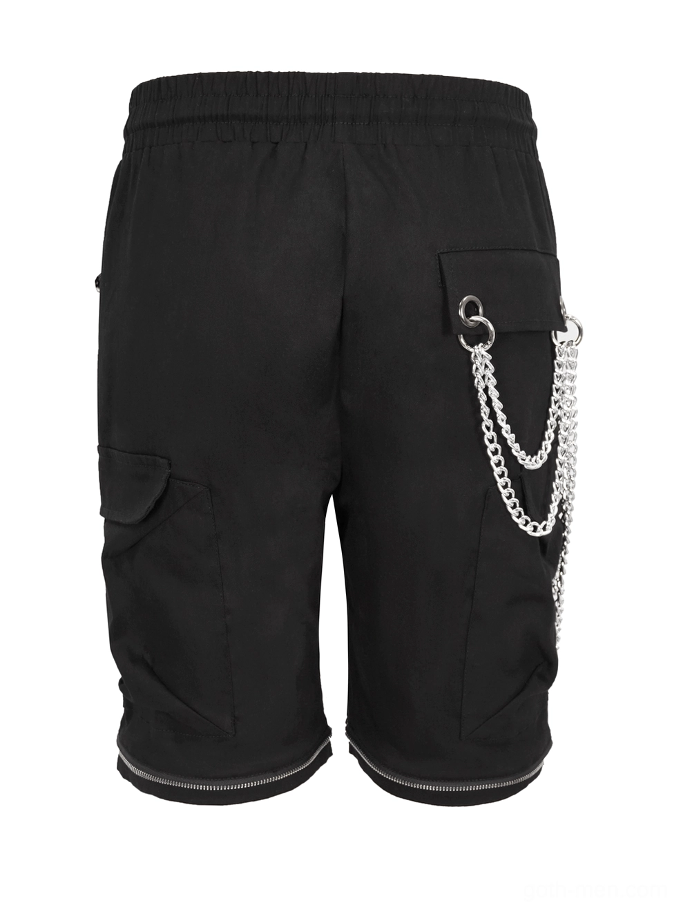 Close-up detail of black fabric with metal snap buttons and reinforced zipper pocket construction