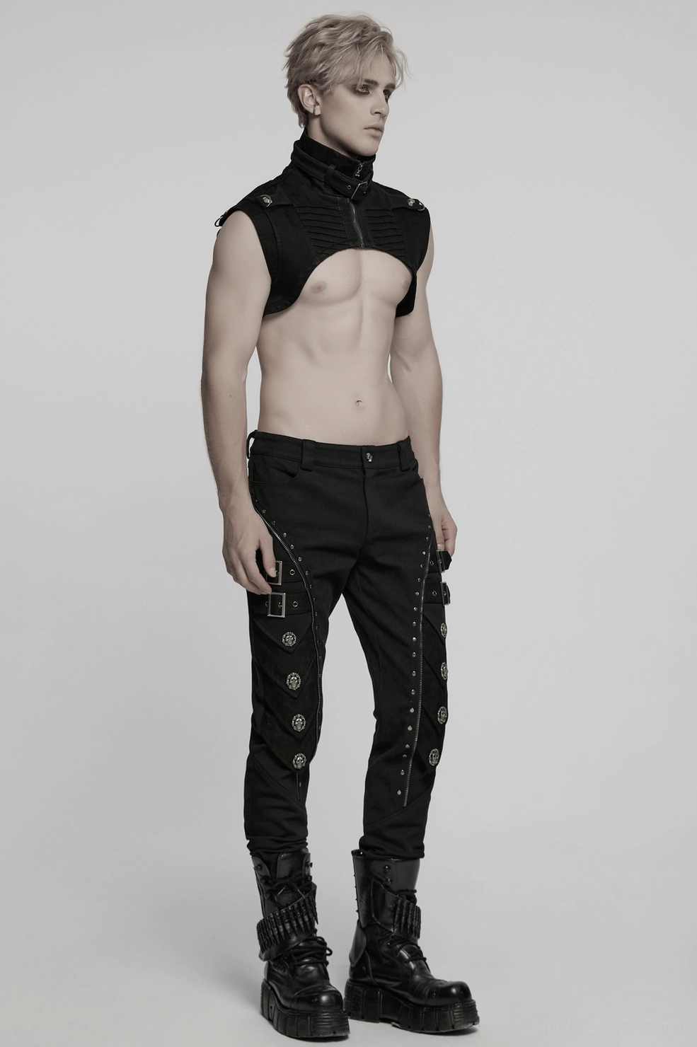 Gothic black pants with leather accents studio photography showing full design aesthetic