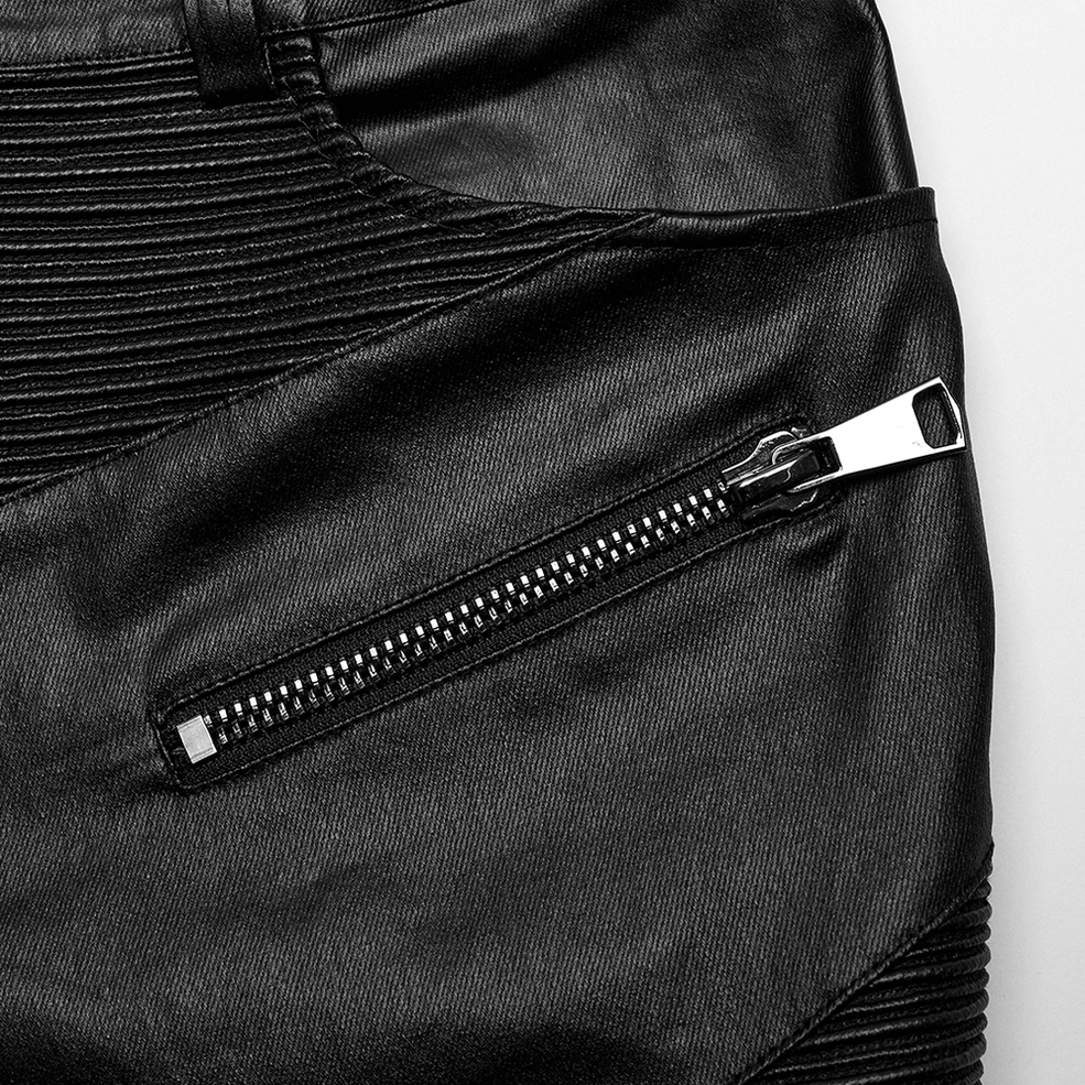 Close-up of gothic pants side pocket featuring metal zipper and slanted design in matte coated leather