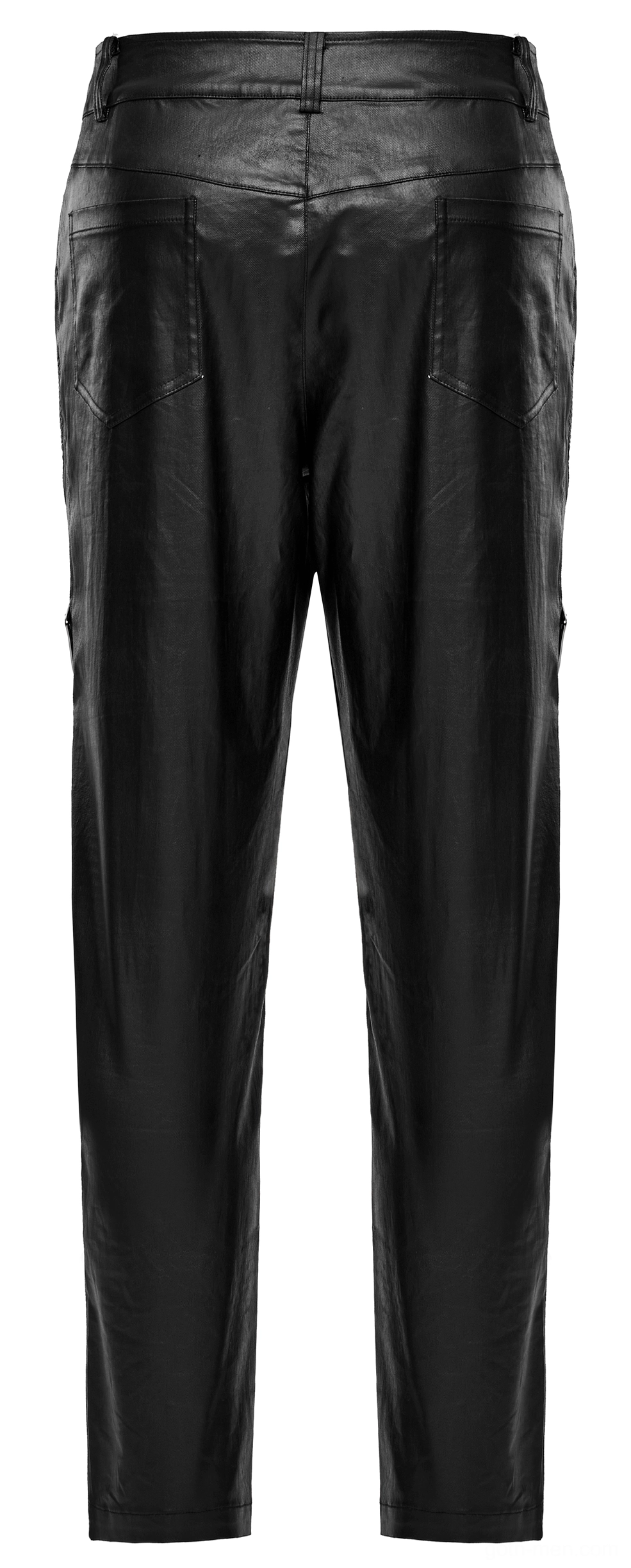 Flat lay rear angled view of drawstring gothic pants with matte leather finish and structured design