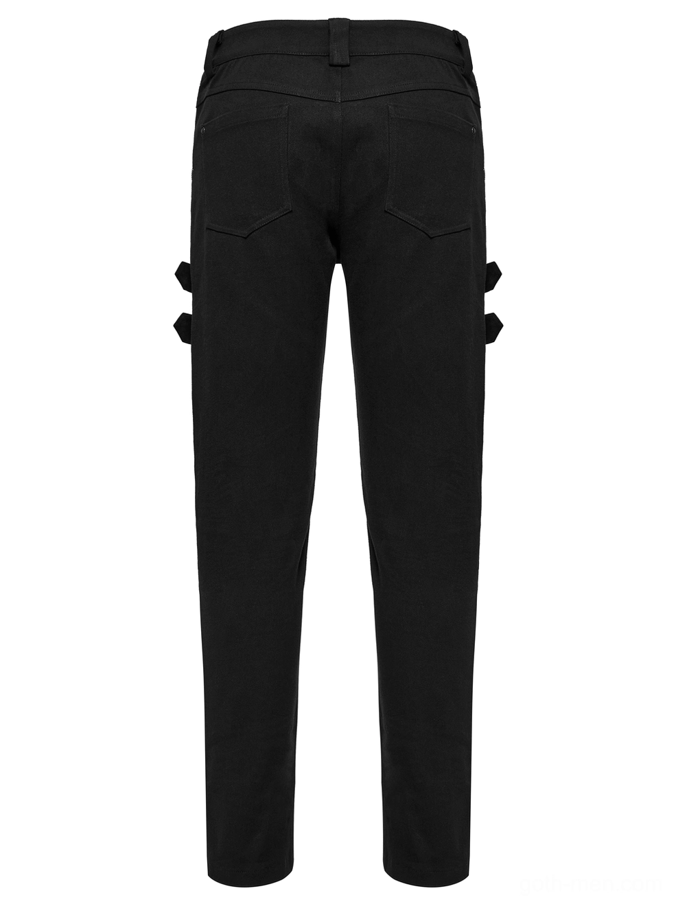 Rear flatlay view black gothic pants showing standard back pockets and side buckle hardware details