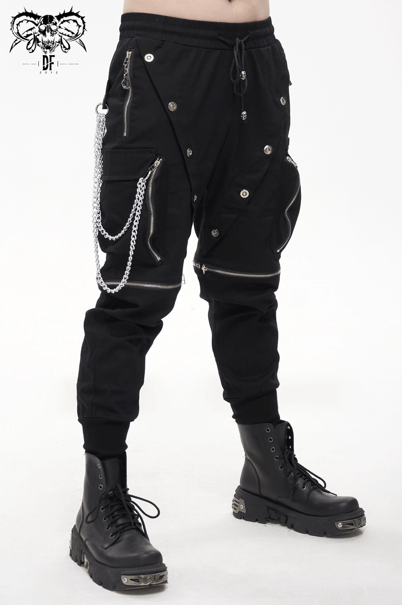 Style detail image of black gothic cargo pants with removable chain in positioned display