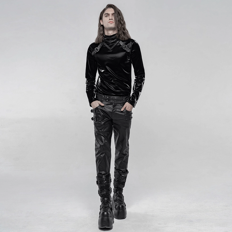 Black gothic faux leather pants flat lay showing complete side buckle strap system and proportions