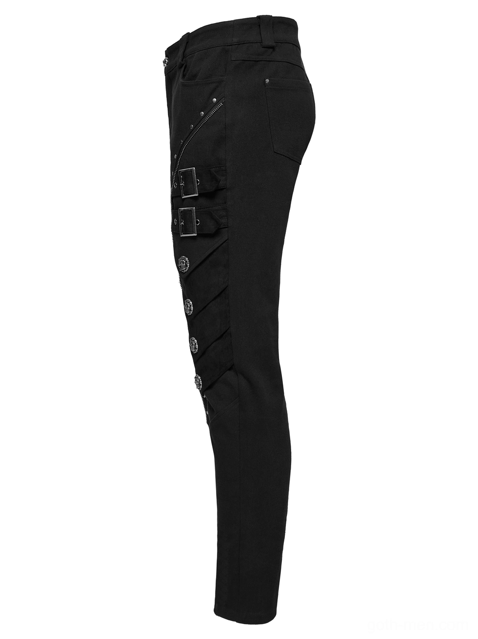 Black tactical pants side flatlay tapered slim fit leg with rivet lines and buckle strap positioning
