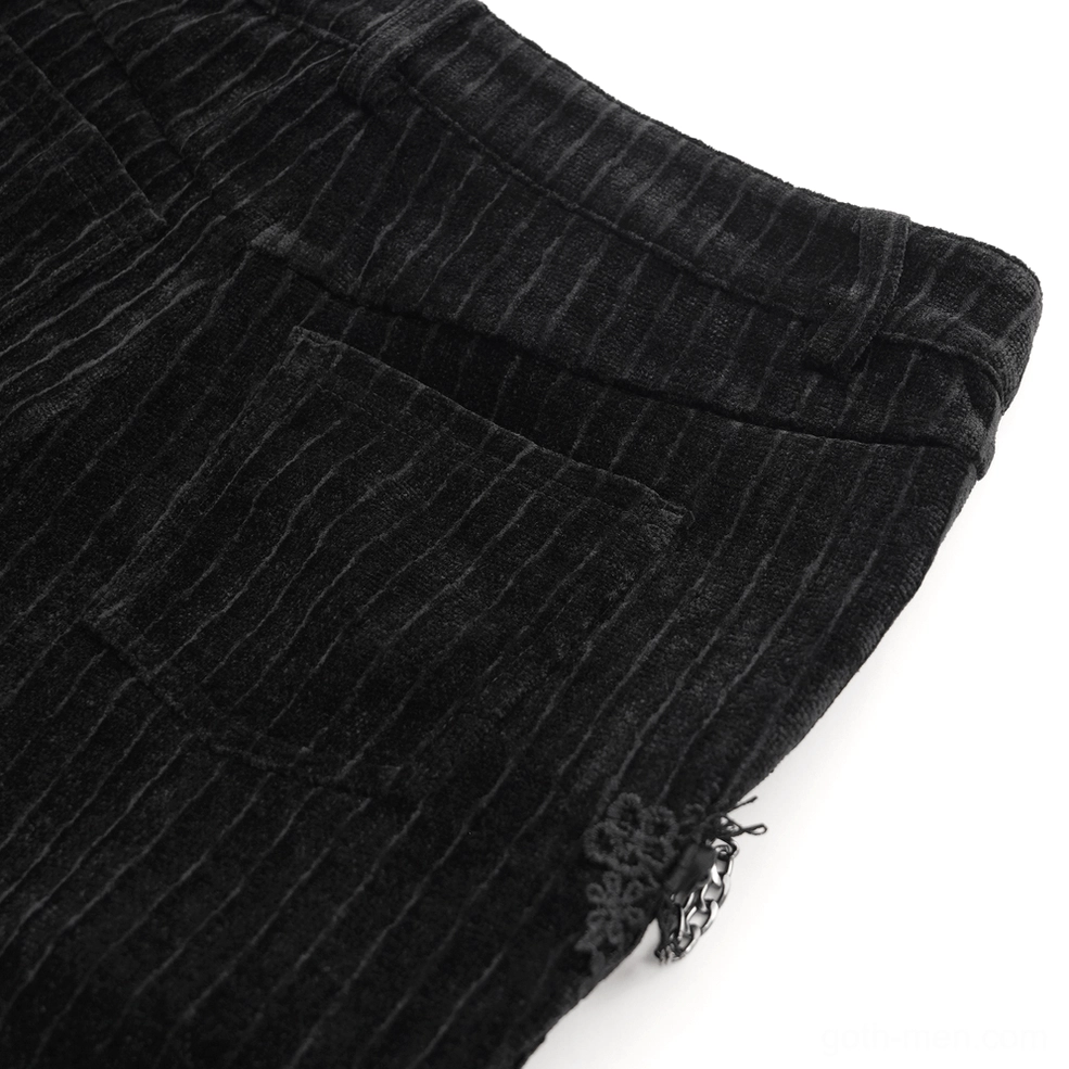 Black velvet gothic trousers side pocket with mini chain and lace trim - close up detail shot
