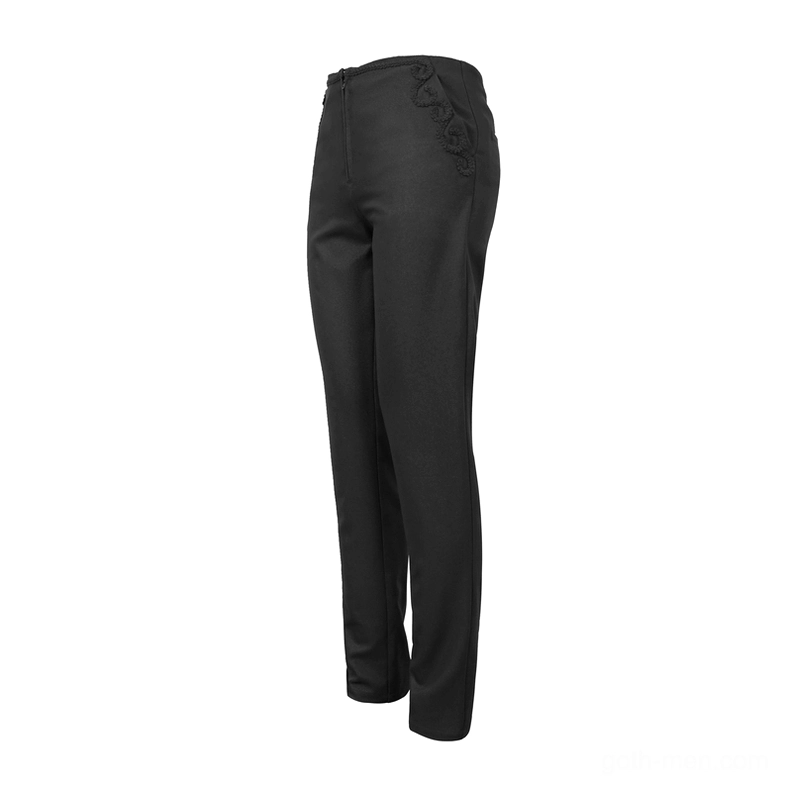 Side profile flat lay of black gothic cargo pants showing embroidered swirl lace pocket detail
