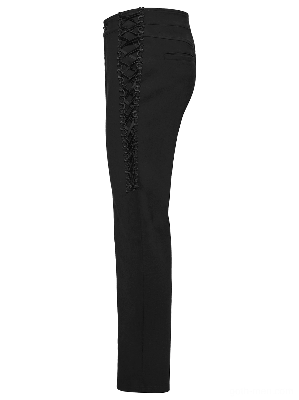 Side profile flat lay of gothic black pants emphasizing visible side lace-up straps and lacing detail