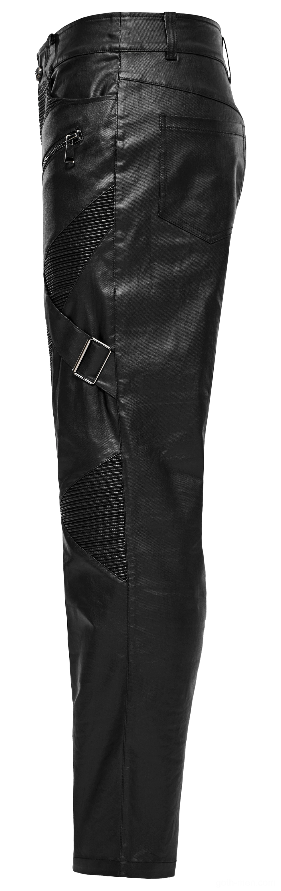 Gothic leather pants side view displaying side strap buckle and ribbed knee articulation detail