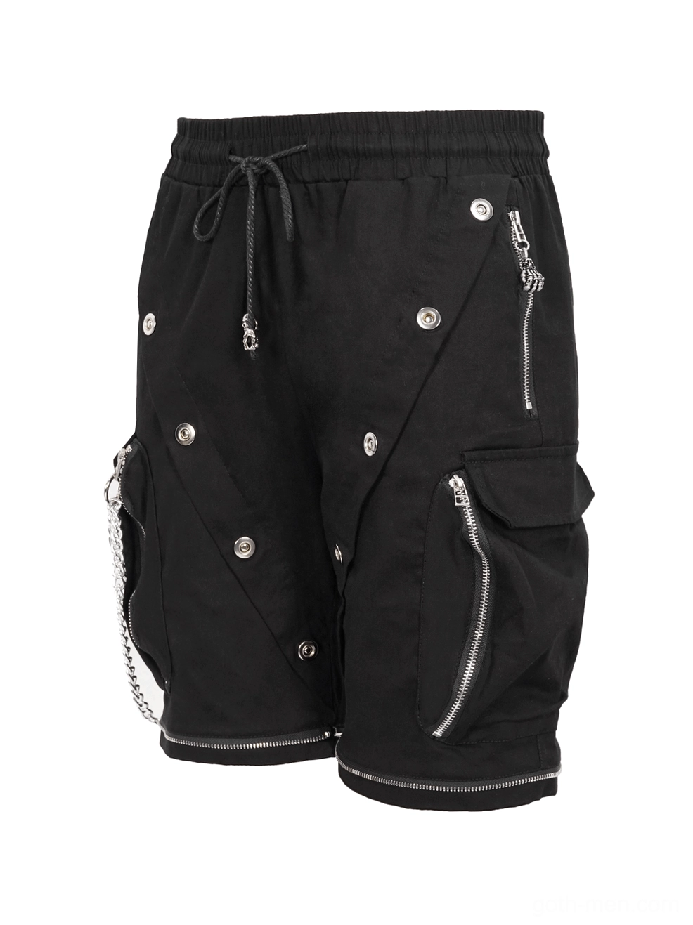 Side view of gothic cargo pants displaying multiple cargo pockets and metal zipper accents
