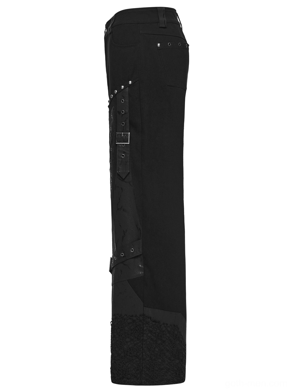 Gothic black wide-leg pants side profile flat lay with metal buckles and eyelet fasteners